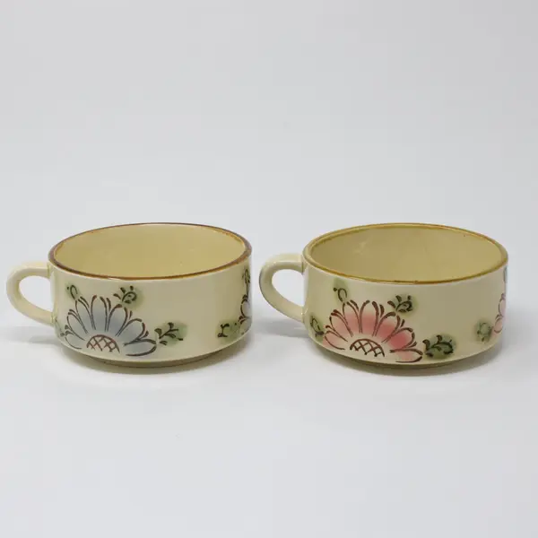 Vintage MCM Tundra Stoneware Flower Stackable Soup Mugs Set of 2
