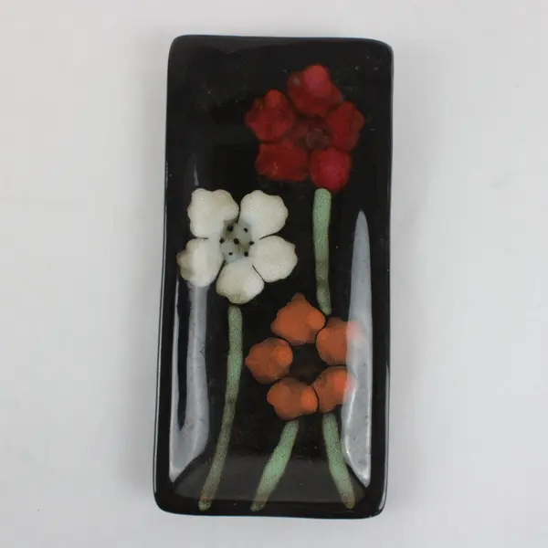 Pfaltzgraff Painted Poppies Rectangular Spoon Rest Black Floral Pre-Owned