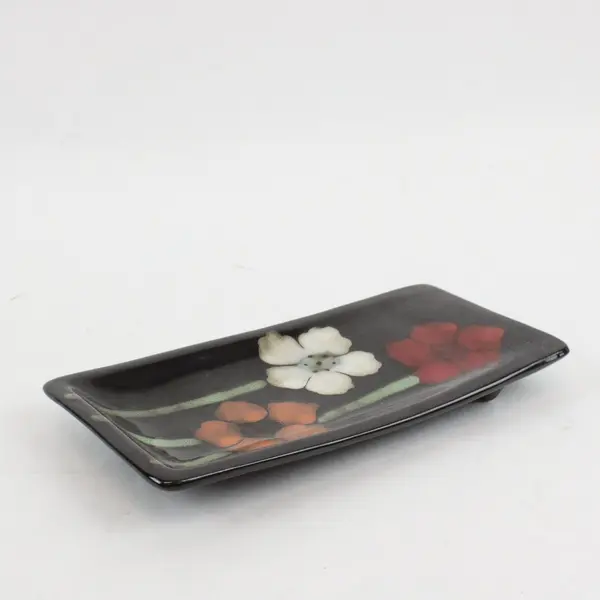 Pfaltzgraff Painted Poppies Rectangular Spoon Rest Black Floral Pre-Owned