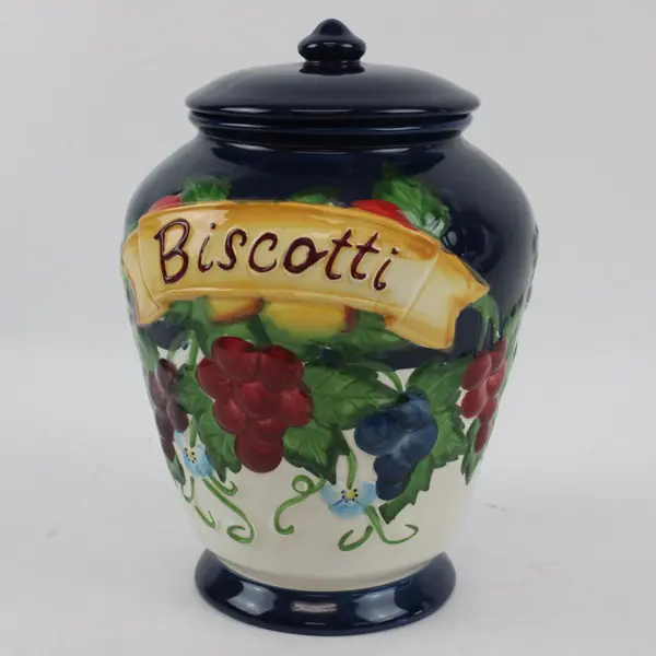 Vintage Nonni's Biscotti Cookie Jar Hand-Painted Ceramic Deep Blue 3D