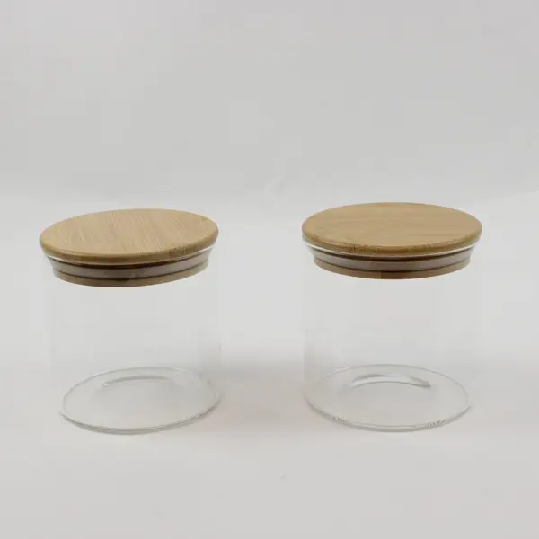 Set of 2 Clear Glass Storage Jars with Wooden Lids Kitchen Canisters
