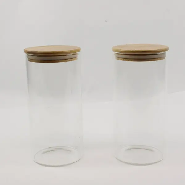 Set of 2 Clear Glass Storage Jars with Wooden Lids Kitchen Canisters