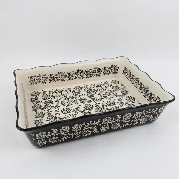 Baum Ceramic Rectangular Baking Dish Black White Paisley 13 x 9