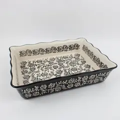 Baum Ceramic Rectangular Baking Dish Black White Paisley 13 x 9