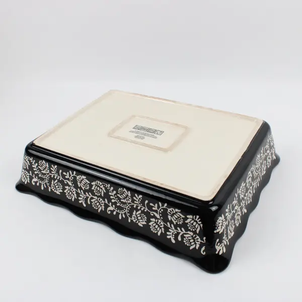 Baum Ceramic Rectangular Baking Dish Black White Paisley 13 x 9