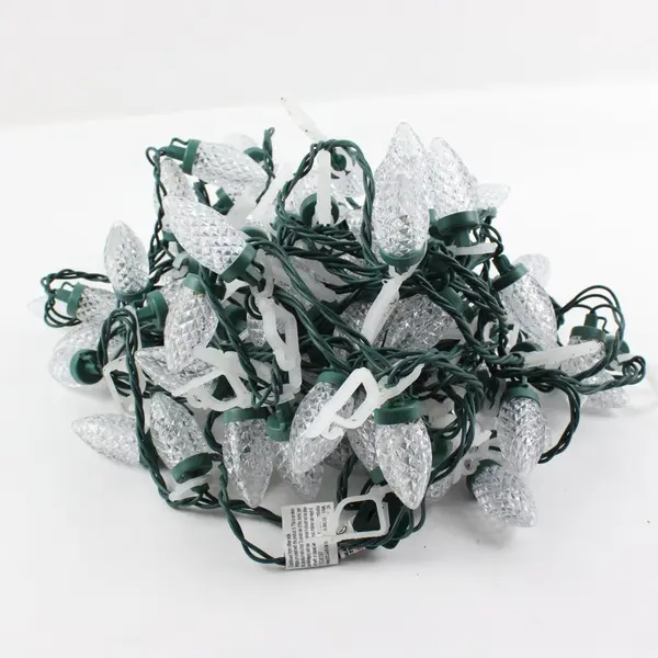 100 Count C9 LED Christmas String Lights Clear Faceted Green Wire