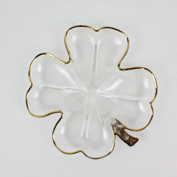 Clear Glass Four Leaf Clover Dish Gold Tone Trim