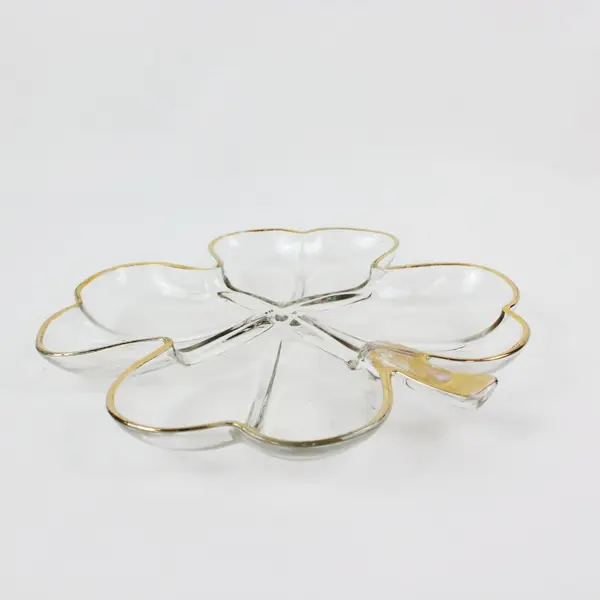 Clear Glass Four Leaf Clover Dish Gold Tone Trim