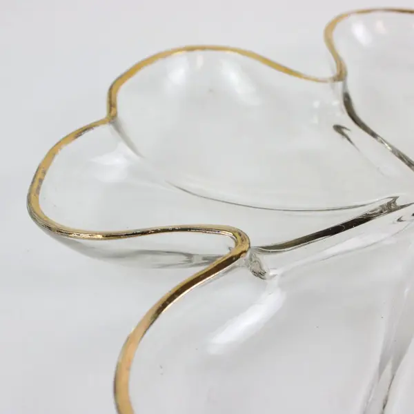 Clear Glass Four Leaf Clover Dish Gold Tone Trim