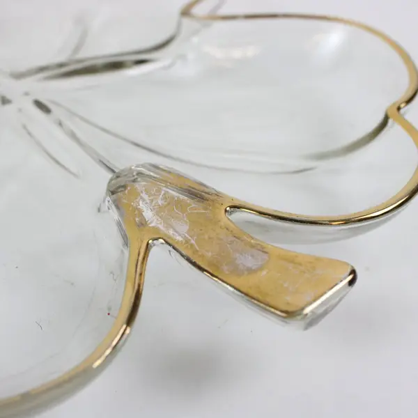 Clear Glass Four Leaf Clover Dish Gold Tone Trim