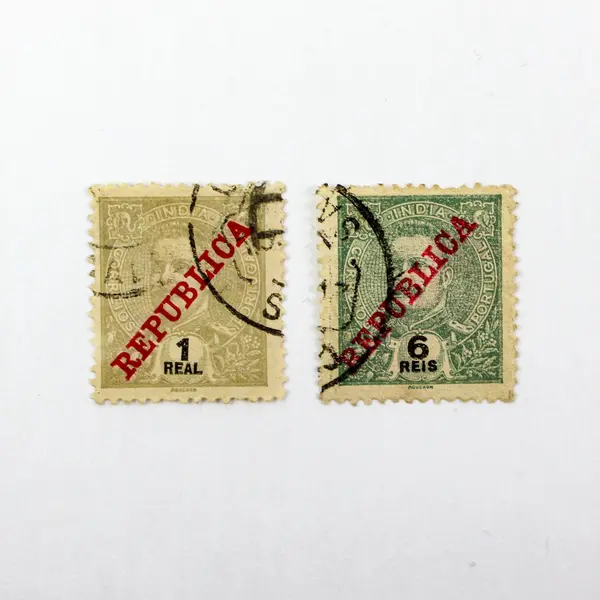 Portuguese India Canceled Stamps Republica Overprint 1 Real 6 Reis Pair Used
