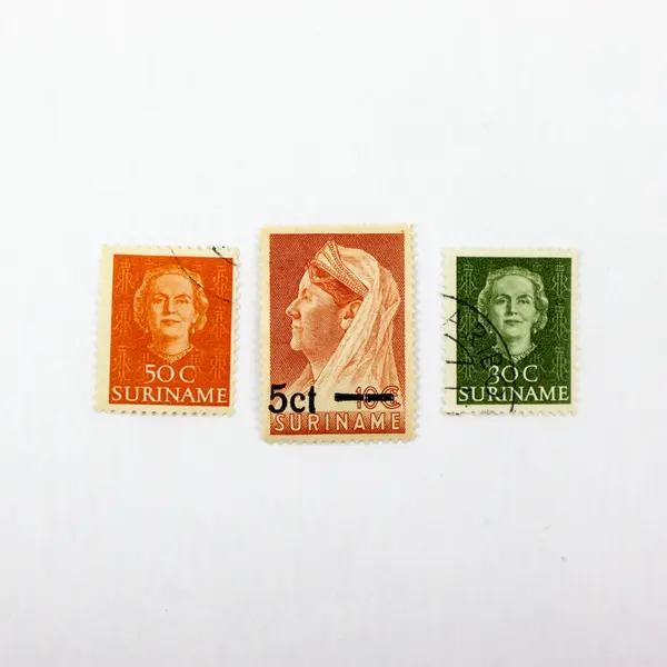 Suriname Queen Wilhelmina Stamps 50c 30c 5c Set of 3 Used 10c Overprint