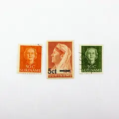 Suriname Queen Wilhelmina Stamps 50c 30c 5c Set of 3 Used 10c Overprint