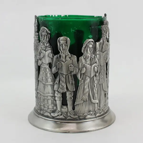 Home For The Holidays Pewter Christmas Carolers Candleholder Green Glass Insert