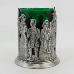 Home For The Holidays Pewter Christmas Carolers Candleholder Green Glass Insert