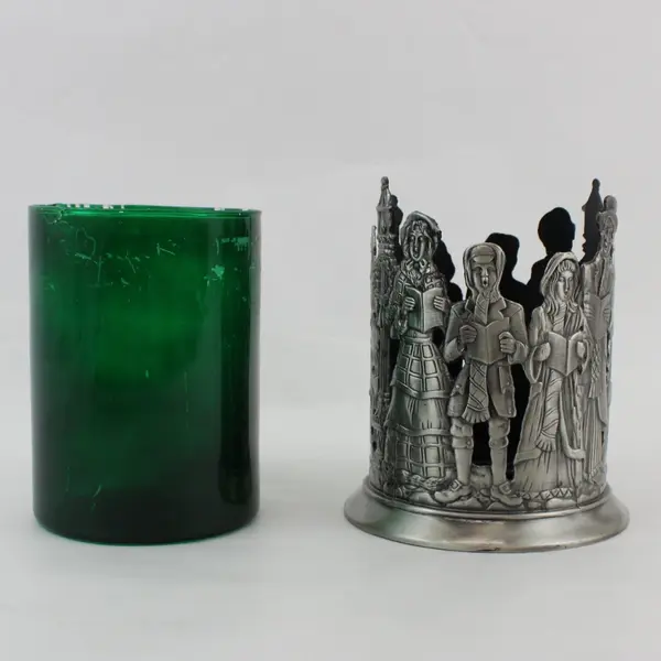 Home For The Holidays Pewter Christmas Carolers Candleholder Green Glass Insert