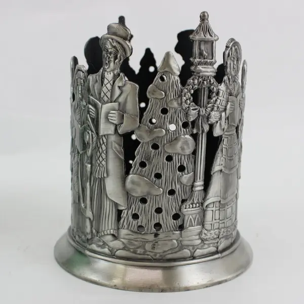 Home For The Holidays Pewter Christmas Carolers Candleholder Green Glass Insert