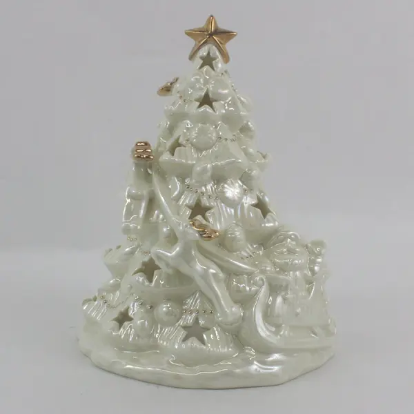 Iridescent Cream  Ceramic Christmas Tree Tea Light Candle Holder Gold Trim
