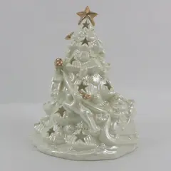 Iridescent Cream  Ceramic Christmas Tree Tea Light Candle Holder Gold Trim