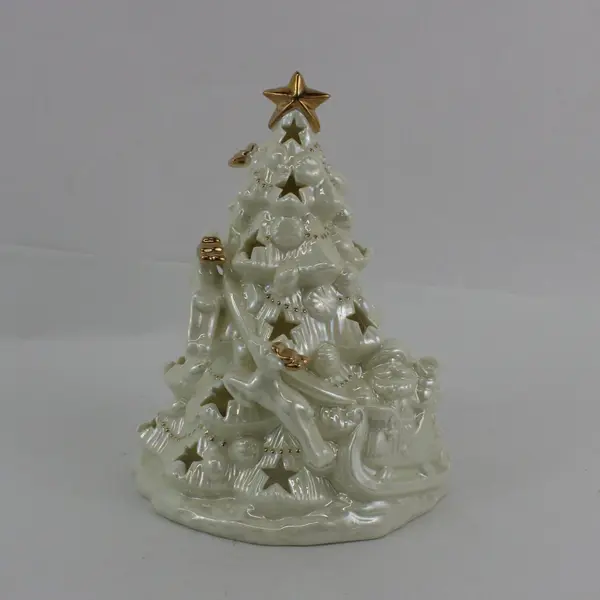 Iridescent Cream  Ceramic Christmas Tree Tea Light Candle Holder Gold Trim