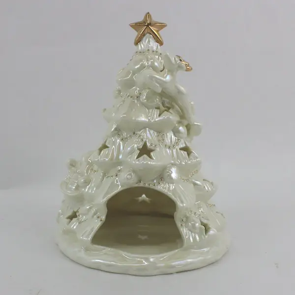 Iridescent Cream  Ceramic Christmas Tree Tea Light Candle Holder Gold Trim