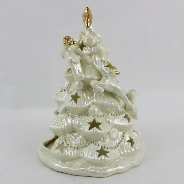 Iridescent Cream  Ceramic Christmas Tree Tea Light Candle Holder Gold Trim