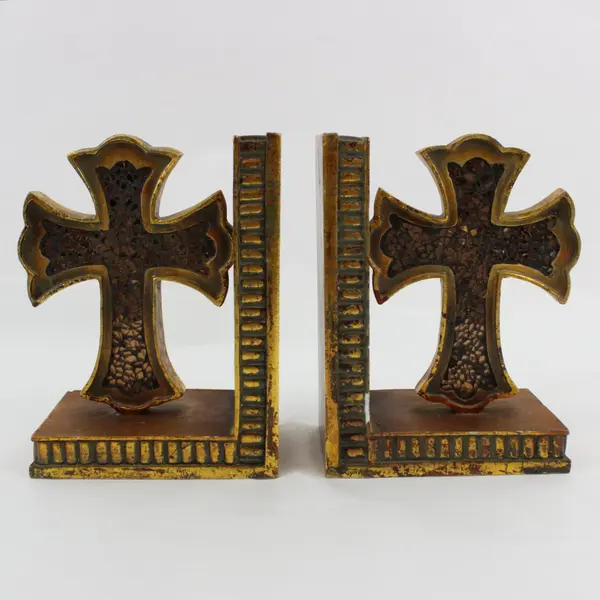 Vintage Metallic Bronze Finish Religious Cross Bookends With Amber Glass Pieces