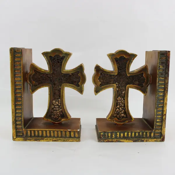 Vintage Metallic Bronze Finish Religious Cross Bookends With Amber Glass Pieces