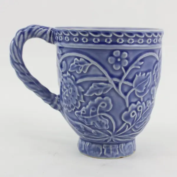 Bordallo Pinheiro Blue Embossed Floral Ceramic Mug Portugal