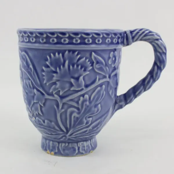 Bordallo Pinheiro Blue Embossed Floral Ceramic Mug Portugal