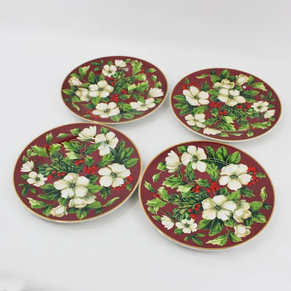 Sakura Splendor Burgundy Floral Salad Dessert Plates Set of 4