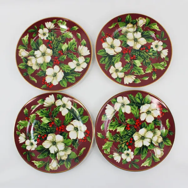 Sakura Splendor Burgundy Floral Salad Dessert Plates Set of 4