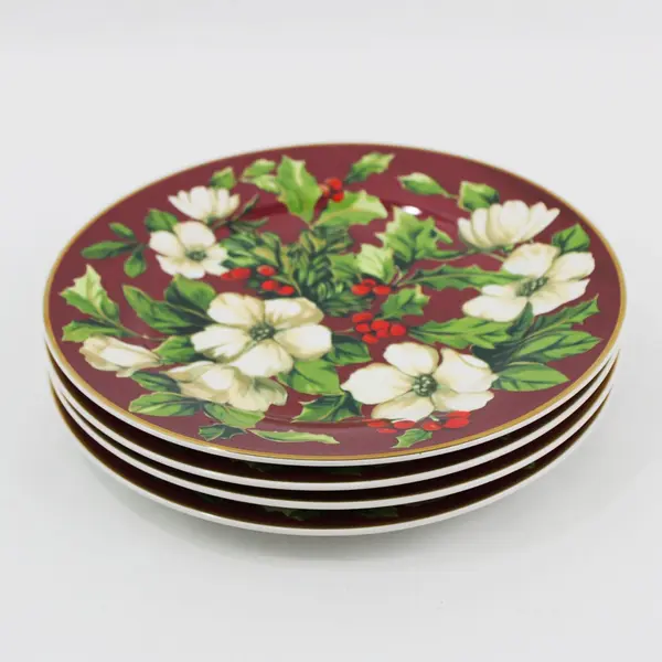 Sakura Splendor Burgundy Floral Salad Dessert Plates Set of 4
