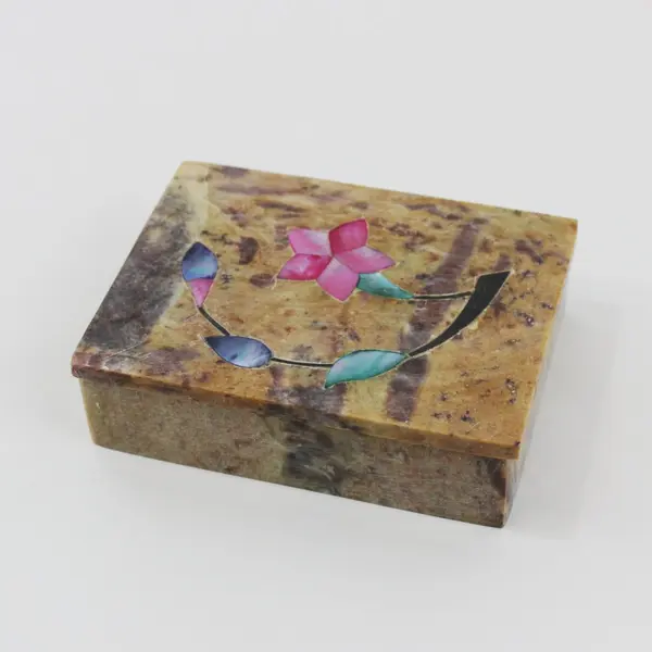 Soapstone Mother-of-Pearl Inlaid Floral Trinket Box With Fitted Lid