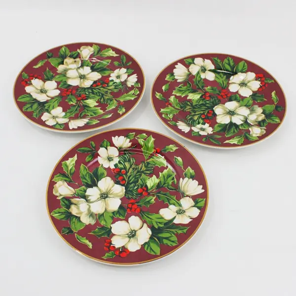 Sakura Splendor Burgundy Floral 8in Salad Dessert Plates Set of 3