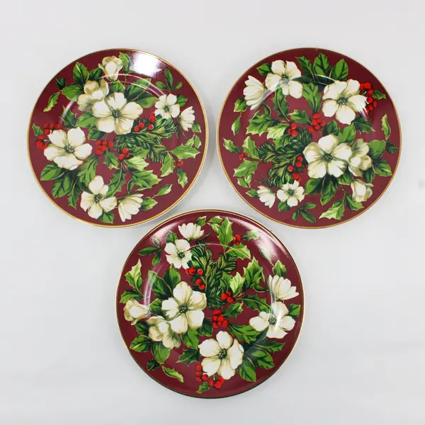 Sakura Splendor Burgundy Floral 8in Salad Dessert Plates Set of 3