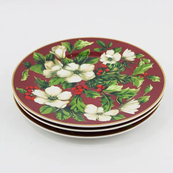 Sakura Splendor Burgundy Floral 8in Salad Dessert Plates Set of 3