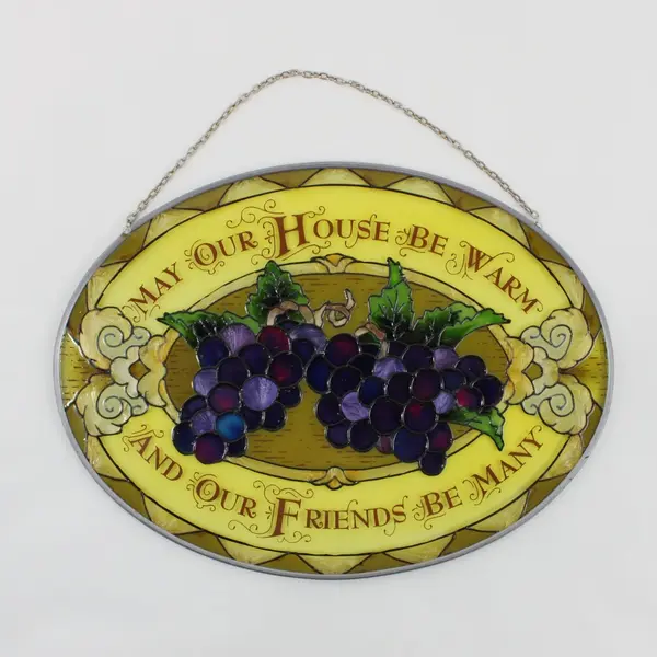 Vintage Purple Grape Cluster Stained Glass Oval Suncatcher 6.8" x 9"