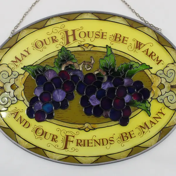 Vintage Purple Grape Cluster Stained Glass Oval Suncatcher 6.8" x 9"