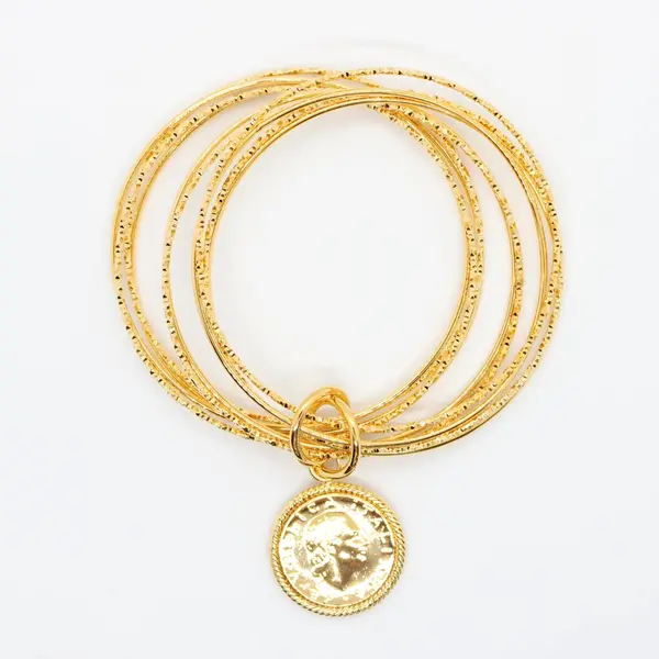 Repubblica Italiana Gold Tone Stacked Bangle Bracelet 200 Lire Coin Pendant