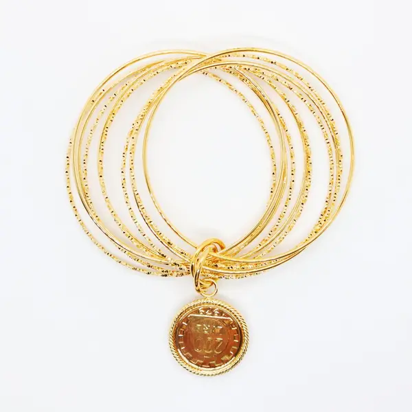 Repubblica Italiana Gold Tone Stacked Bangle Bracelet 200 Lire Coin Pendant