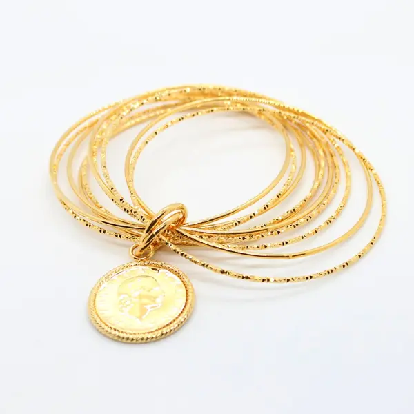 Repubblica Italiana Gold Tone Stacked Bangle Bracelet 200 Lire Coin Pendant