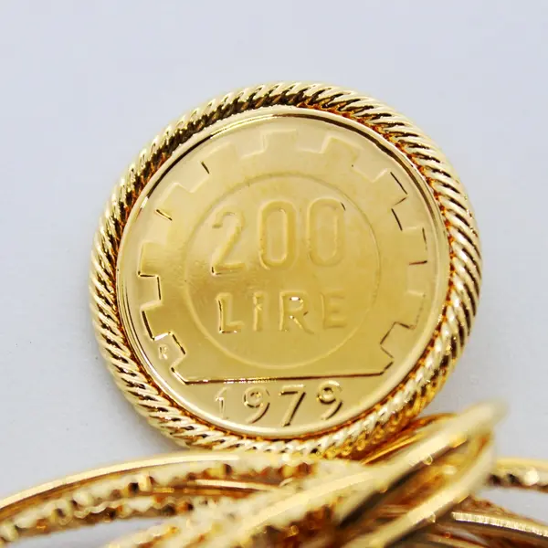 Repubblica Italiana Gold Tone Stacked Bangle Bracelet 200 Lire Coin Pendant