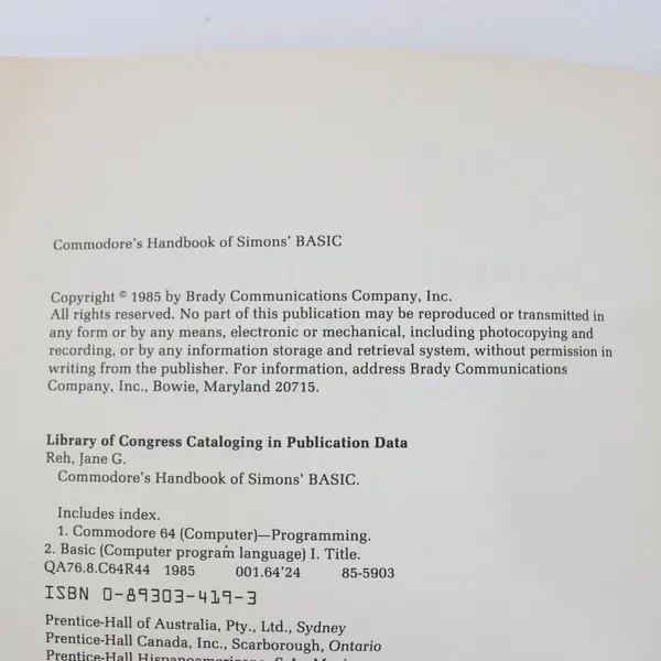 Commodore 64 & 128 Simons' BASIC Handbook Jane G. Reh 1985 Paperback