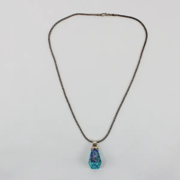 Opal Turquoise Mosaic Pendant Necklace Sterling Silver Chain 22in