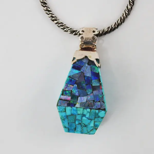 Opal Turquoise Mosaic Pendant Necklace Sterling Silver Chain 22in