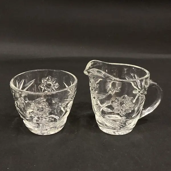 Vintage Anchor Hocking Prescut Glass Creamer Sugar Bowl Set Hobstar Fan