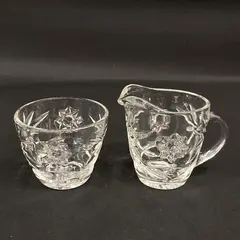 Vintage Anchor Hocking Prescut Glass Creamer Sugar Bowl Set Hobstar Fan