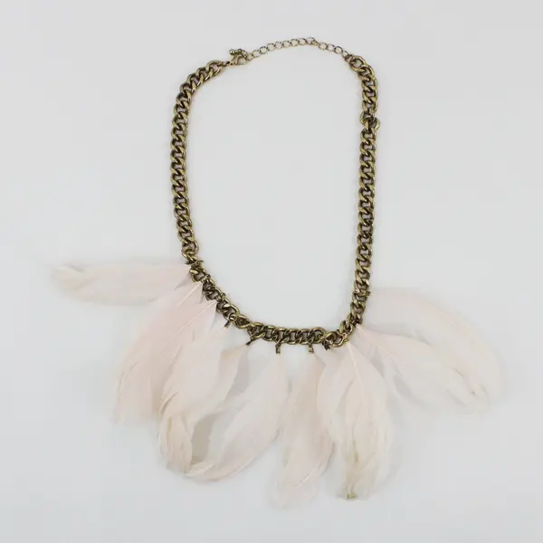 Gold-Tone White Feather Fringe Statement Necklace 19.5in Chain