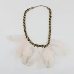 Gold-Tone White Feather Fringe Statement Necklace 19.5in Chain